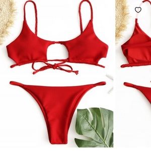 Ribbed Braided Cut-Out Red Bikini